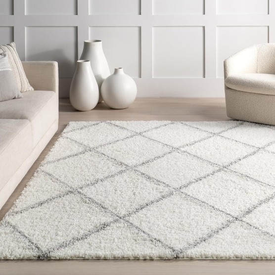 Tess Moroccan Shag Area Rug - 7x9 Shag Area Rug Modern/Contemporary White/Grey Rugs for Living Room Bedroom Dining Room Nursery