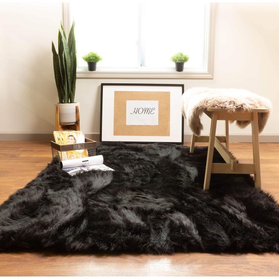 Super Area Rugs Ultra Soft & Fluffy Faux Sheepskin Rug, Black 4 x 6 Feet Carpet for Bedroom Living Room