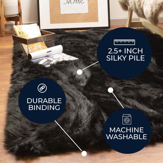 Super Area Rugs Ultra Soft & Fluffy Faux Sheepskin Rug, Black 4 x 6 Feet Carpet for Bedroom Living Room