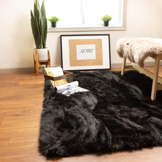 Super Area Rugs Ultra Soft & Fluffy Faux Sheepskin Rug, Black 4 x 6 Feet Carpet for Bedroom Living Room