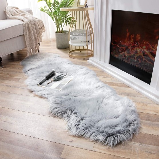 faux fur rug, Fluffy Shaggy Area Rug Ultra Soft 2 x 6 Feet Sheepskin Fur Rug, Frosted Bottom Gray Fuzzy Rug Machine Washable Shag Rug, Nursery Decor Throw Rugs for Bedroom, Living Room