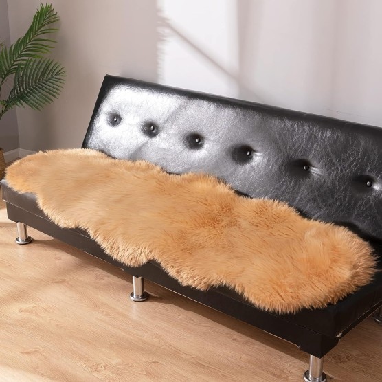 Luxury Soft Faux Sheepskin Couch Seat Cushion Fake Fur Area Rugs for Bedroom and Living Room Runner, 2ft x 6ft, Khaki