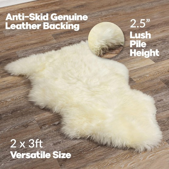 Natural Milan Genuine Sheepskin Area Rugs with Thick and Lush Pile, Fluffy Sheep Fur Rug with Anti-Skid Backing for Bedroom Living Room, Single Pelt, Ivory 2 ft x 3 ft