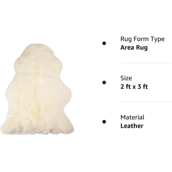 Natural Milan Genuine Sheepskin Area Rugs with Thick and Lush Pile, Fluffy Sheep Fur Rug with Anti-Skid Backing for Bedroom Living Room, Single Pelt, Ivory 2 ft x 3 ft