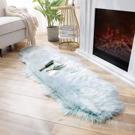 faux fur rug, Fluffy Shaggy Area Rug Ultra Soft 2 x 6 Feet Sheepskin Fur Rug, Frosted Bottom Spring Green Fuzzy Rug Machine Washable Shag Rug, Nursery Decor Throw Rugs for Bedroom, Living Room