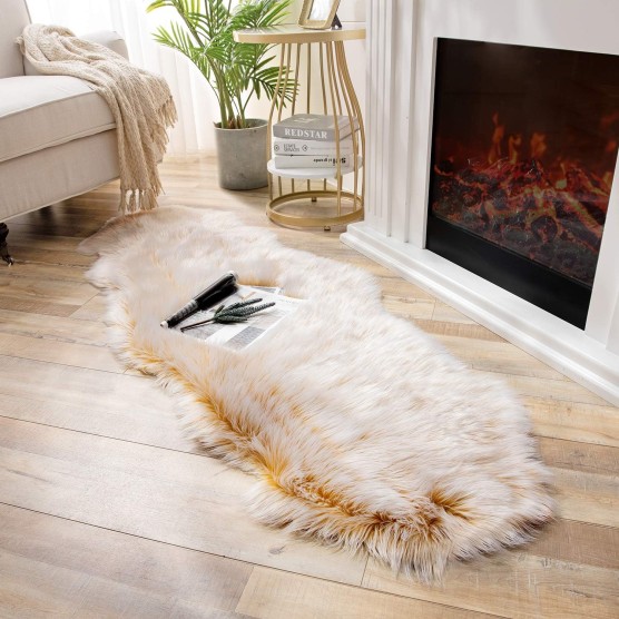 faux fur rug, Fluffy Shaggy Area Rug Ultra Soft 2 x 6 Feet Sheepskin Fur Rug, Frosted Bottom Yellow Fuzzy Rug Machine Washable Shag Rug, Nursery Decor Throw Rugs for Bedroom, Living Room