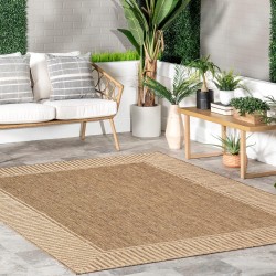 7x9 Outdoor/Indoor Asha Area Rug, Light Brown, Casual Design With Striped Border, Stain Resistant, Highly Durable, For Patio, Balcony, Bedroom, Living Room, Dining Room, Bathroom