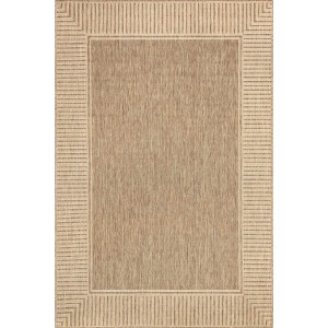 7x9 Outdoor/Indoor Asha Area Rug, Light Brown, Casual Design With Striped Border, Stain Resistant, Highly Durable, For Patio, Balcony, Bedroom, Living Room, Dining Room, Bathroom