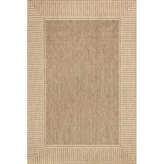 7x9 Outdoor/Indoor Asha Area Rug, Light Brown, Casual Design With Striped Border, Stain Resistant, Highly Durable, For Patio, Balcony, Bedroom, Living Room, Dining Room, Bathroom