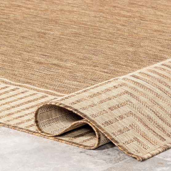 7x9 Outdoor/Indoor Asha Area Rug, Light Brown, Casual Design With Striped Border, Stain Resistant, Highly Durable, For Patio, Balcony, Bedroom, Living Room, Dining Room, Bathroom