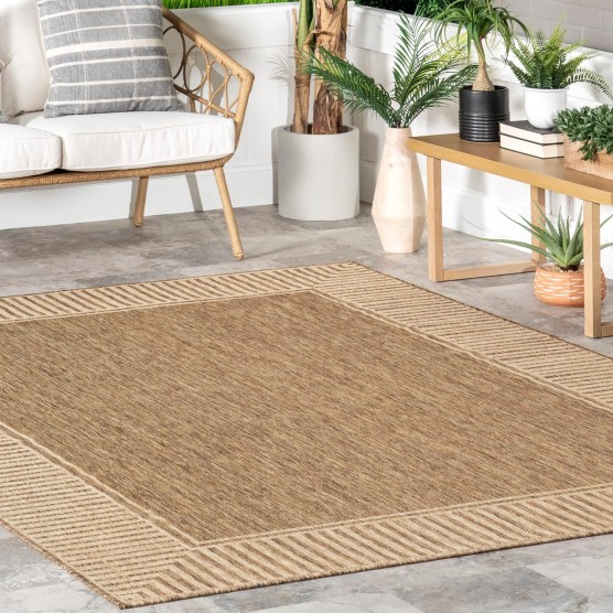 7x9 Outdoor/Indoor Asha Area Rug, Light Brown, Casual Design With Striped Border, Stain Resistant, Highly Durable, For Patio, Balcony, Bedroom, Living Room, Dining Room, Bathroom