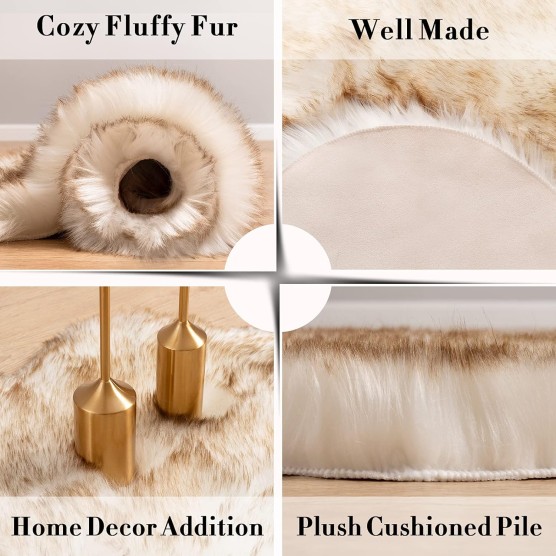 Luxury Soft Faux Sheepskin Chair Cover Seat Cushion Pad Plush Fur Area Rugs for Bedroom, 2ft x 3ft, White with Brown Tips