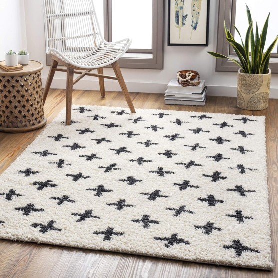 Moroccan Soft Mora Shag Area Rug,5'3" x 7',Cream/Charcoal