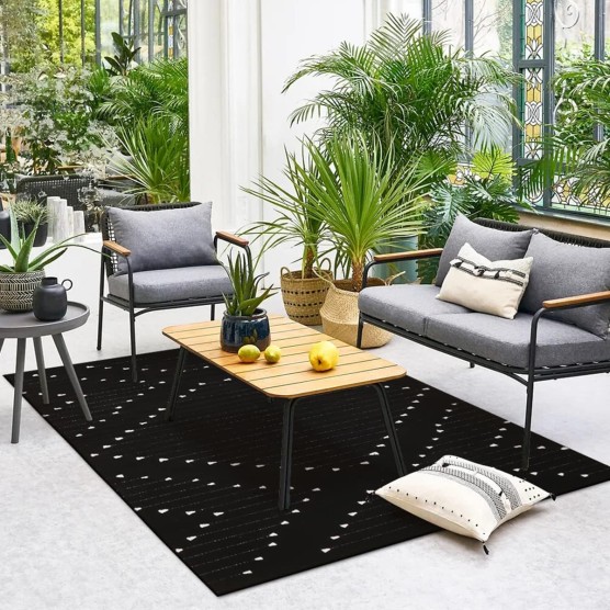 Black Area Rug for Living Room,5' x 8' Large Boho Washable Moroccan Cotton Thin Carpet for Bedroom,Indoor Outdoor Throw Rug for Dining Room Porch Office