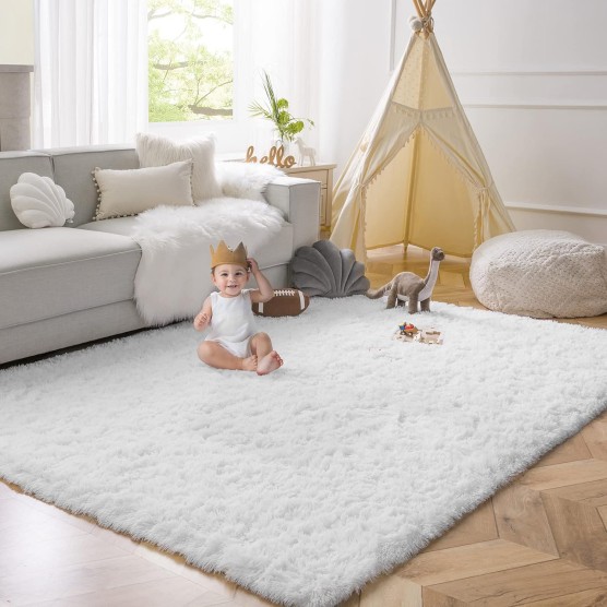 Shaggy Fluffy Area Rug for Living Room, Ultra Soft Bedside Bedroom Carpets, Fuzzy Plush Rug for Home Decor, Ture White, 4 x 6 Feet