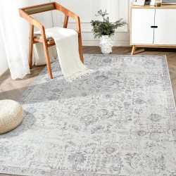 Area Rug 6x9 Washable Rug Vintage Rug Indoor Thin Rug Gray Retro Accent Rug Distressed Carpet Grey Multi Floral Print Country Boho Rug Non Slip Kitchen Bedroom Living Room Dining Room Office