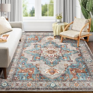 Area Rug Living Room Rugs: 8x10 Machine Washable Large Carpet Boho Oriental Non-Slip Area Rugs for Dining Room Farmhouse Bedroom Office Home Decor, Grey/Teal Indoor Vintage Area Rug 8x10