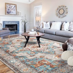 Area Rug Living Room Rugs: 8x10 Machine Washable Large Carpet Boho Oriental Non-Slip Area Rugs for Dining Room Farmhouse Bedroom Office Home Decor, Grey/Teal Indoor Vintage Area Rug 8x10