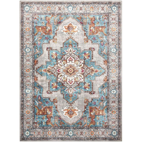 Area Rug Living Room Rugs: 8x10 Machine Washable Large Carpet Boho Oriental Non-Slip Area Rugs for Dining Room Farmhouse Bedroom Office Home Decor, Grey/Teal Indoor Vintage Area Rug 8x10