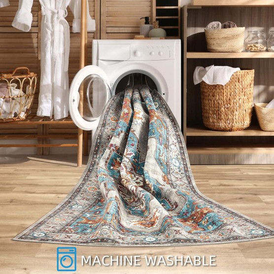 Area Rug Living Room Rugs: 8x10 Machine Washable Large Carpet Boho Oriental Non-Slip Area Rugs for Dining Room Farmhouse Bedroom Office Home Decor, Grey/Teal Indoor Vintage Area Rug 8x10