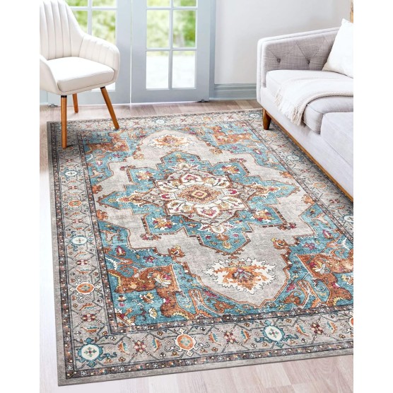 Area Rug Living Room Rugs: 8x10 Machine Washable Large Carpet Boho Oriental Non-Slip Area Rugs for Dining Room Farmhouse Bedroom Office Home Decor, Grey/Teal Indoor Vintage Area Rug 8x10