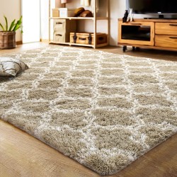 Luxury Shag Area Rug 8x10 Feet Geometric Plush Fluffy Rugs, Extra Soft Carpet Moroccan Rugs for Bedroom Living Room Dorm Kids, High Pile Shaggy Floor Rug Decor, Beige/White