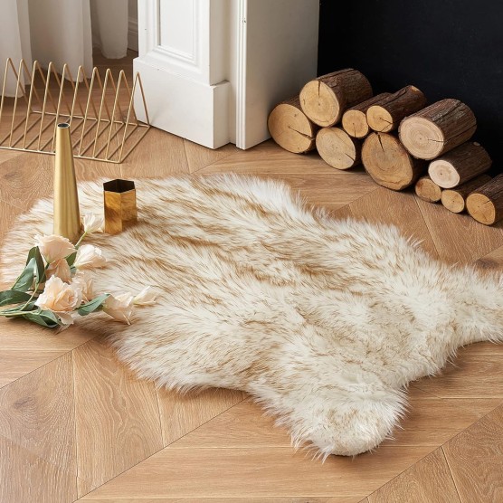 Faux Fur Sheepskin Rug, Luxury Fluffy Area Rugs - Super Soft Decorative Shag Carpet for Bedroom, Living Room, and Nursery - 2x3 Feet, Frosted Tips Brown