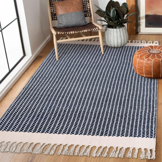 Boho Bedroom Rug, 3x5 Kitchen Rug Lightweight Rugs for Entryway Living Room Woven Washable Area Rug with Tassels, Farmhouse Navy Blue Throw Rug Non-Shedding Floor Carpet for