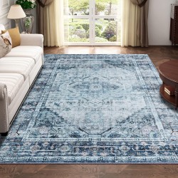 Large Vintage Washable Rug 8x10 Blue/Multi Low-Pile Indoor Floral Print Carpet Non Slip Printed Persian Boho Area Rug for Living Room