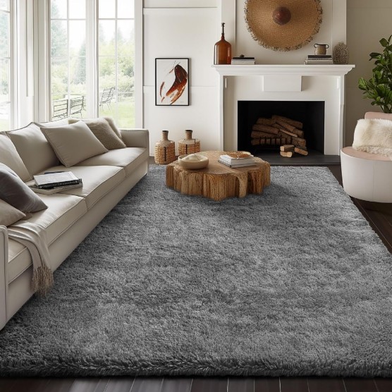 8x10 Area Rugs for Living Room, Large Shag Bedroom Carpet, Gray Big Indoor Thick Soft Nursery Rug, Grey Fluffy Carpets for Boy and Girls Room Dorm Home Decor Aesthetic