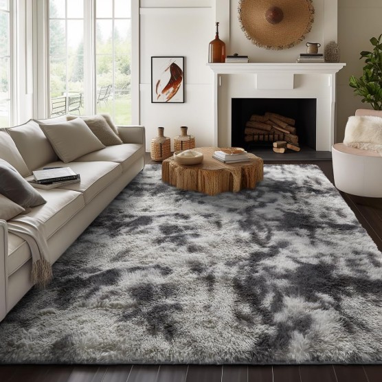 8x10 Area Rugs for Living Room, Large Shag Bedroom Carpet, Tie-Dyed Grey&White Big Indoor Thick Soft Nursery Rug, Fluffy Carpets for Boy and Girls Room Dorm Home Decor Aesthetic