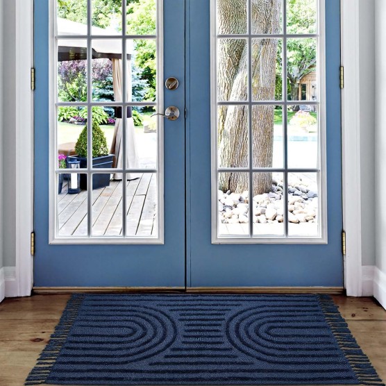 Indoor Door Mats for Entryway 3X5, Washable Rainbow Kitchen Rug, Woven Bedroom Rug with Tassel, Boho Tufted Office Rug, Cute Dorm Rug for Classroom/Nursery/Porch/Living Room, Dark Blue