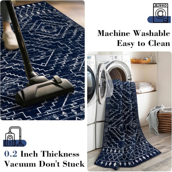 Moroccan 5x7 Blue Rugs for Living Room,Washable Geometric Tribal Bedroom Area Rug,Large Non-Shedding Soft Scandinavian Low Pile Stain Resistant Carpet for Den Kitchen Home Decor