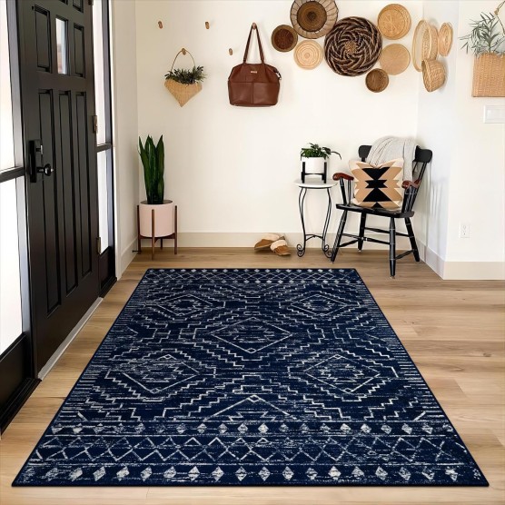 Moroccan 5x7 Blue Rugs for Living Room,Washable Geometric Tribal Bedroom Area Rug,Large Non-Shedding Soft Scandinavian Low Pile Stain Resistant Carpet for Den Kitchen Home Decor