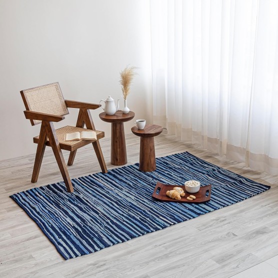 Home Collection Handwoven Navy Blue Area Rag Rug 4x6 Ft - Recycled Cotton Chindi Rug for Living Room, Kitchen & Eco-Friendly - Natural Recycled Stripe Rugs - Handcrafted Traditional Rugs