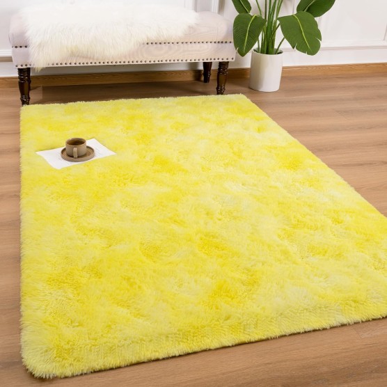 Shag Area Rug for Living Room, 4x6 Feet Tie Dyed Yellow Soft Fluffy Indoor Plush Throw Rugs for Bedroom Girls Kids Room Nursery Dorm Home Decor Carpet