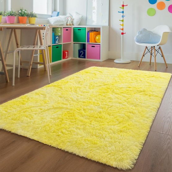 Shag Area Rug for Living Room, 4x6 Feet Tie Dyed Yellow Soft Fluffy Indoor Plush Throw Rugs for Bedroom Girls Kids Room Nursery Dorm Home Decor Carpet