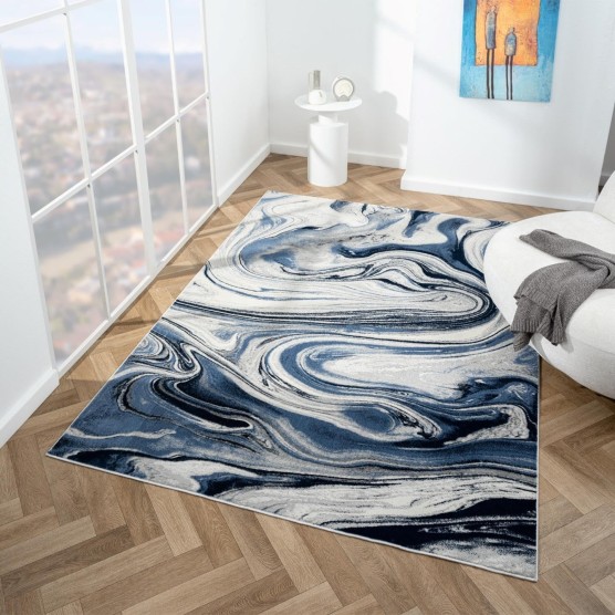 Modern Abstract Marble Swirl Blue 5x7 Area Rug