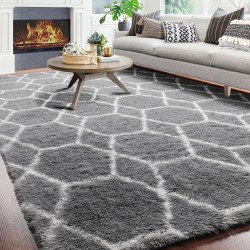 8x10 Area Rugs for Living Room, Large Boho Geometric Grey and White Rug, Soft Fluffy Plush Neutral Carpet for Bedroom Classroom Playroom Room Decor Aesthetic, Shaggy Moroccan Floor Rug