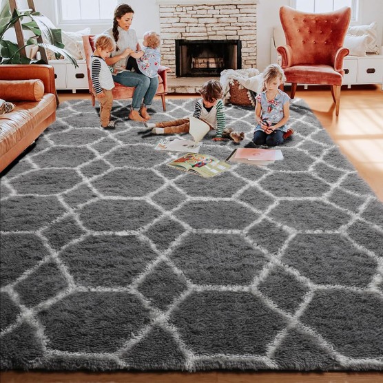 8x10 Area Rugs for Living Room, Large Boho Geometric Grey and White Rug, Soft Fluffy Plush Neutral Carpet for Bedroom Classroom Playroom Room Decor Aesthetic, Shaggy Moroccan Floor Rug