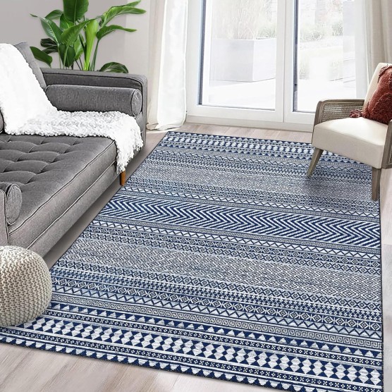 Boho Machine Washable Area Rug Blue Small Rug Geometric Farmhouse Rug Mat Stain Resistant Non-Slip Area Rug Mat for Living Room Bedroom, 3' x 5'