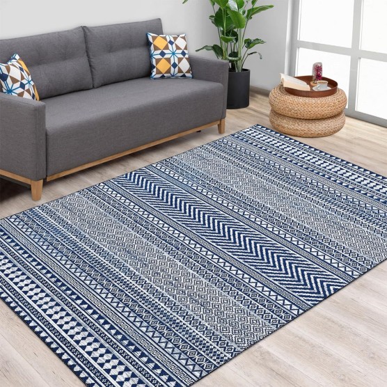 Boho Machine Washable Area Rug Blue Small Rug Geometric Farmhouse Rug Mat Stain Resistant Non-Slip Area Rug Mat for Living Room Bedroom, 3' x 5'