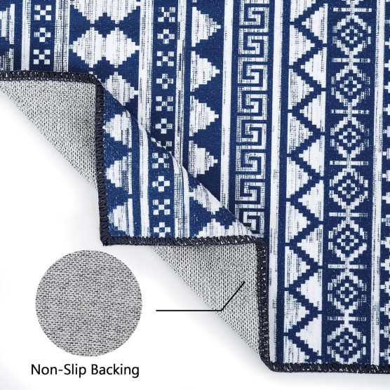 Boho Machine Washable Area Rug Blue Small Rug Geometric Farmhouse Rug Mat Stain Resistant Non-Slip Area Rug Mat for Living Room Bedroom, 3' x 5'