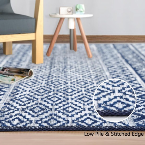 Boho Machine Washable Area Rug Blue Small Rug Geometric Farmhouse Rug Mat Stain Resistant Non-Slip Area Rug Mat for Living Room Bedroom, 3' x 5'