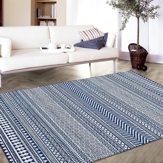 Boho Machine Washable Area Rug Blue Small Rug Geometric Farmhouse Rug Mat Stain Resistant Non-Slip Area Rug Mat for Living Room Bedroom, 3' x 5'