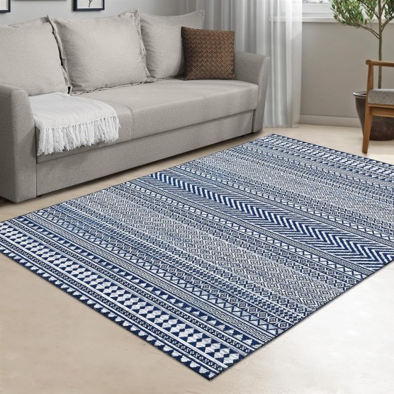 Boho Machine Washable Area Rug Blue Small Rug Geometric Farmhouse Rug Mat Stain Resistant Non-Slip Area Rug Mat for Living Room Bedroom, 3' x 5'