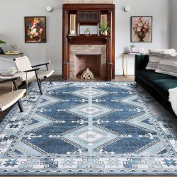 Area Rug Living Room Rugs 8x10 Large Machine Washable Boho Carpets Moroccan Diamond Washable Rug Non Slip Non Shedding Low Pile Rug for Laundry Bedroom Living Room, Navy