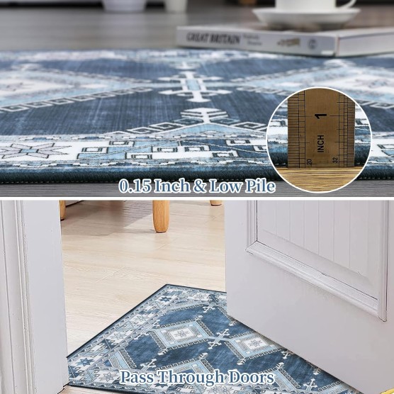 Area Rug Living Room Rugs 8x10 Large Machine Washable Boho Carpets Moroccan Diamond Washable Rug Non Slip Non Shedding Low Pile Rug for Laundry Bedroom Living Room, Navy