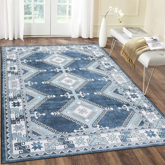 Area Rug Living Room Rugs 8x10 Large Machine Washable Boho Carpets Moroccan Diamond Washable Rug Non Slip Non Shedding Low Pile Rug for Laundry Bedroom Living Room, Navy