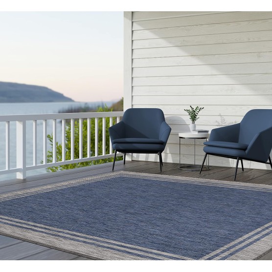 Lena Rug Washable Indoor Outdoor Rug Weather Resistant Indoor Outdoor Carpet for Porch Deck Balcony Backyard Patio Rug 6x9 Bordered Azure Blue/Silver Grey